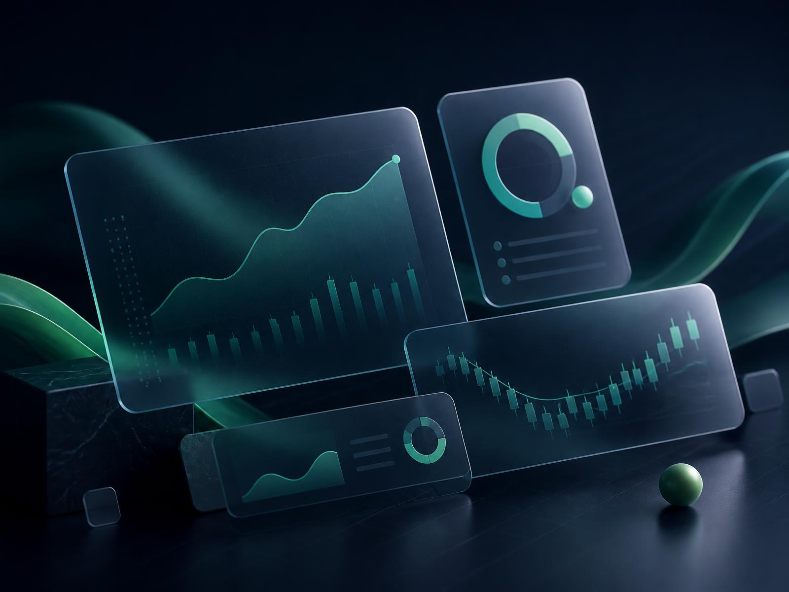 Abstract financial dashboard panels showing revenue trends and a health score